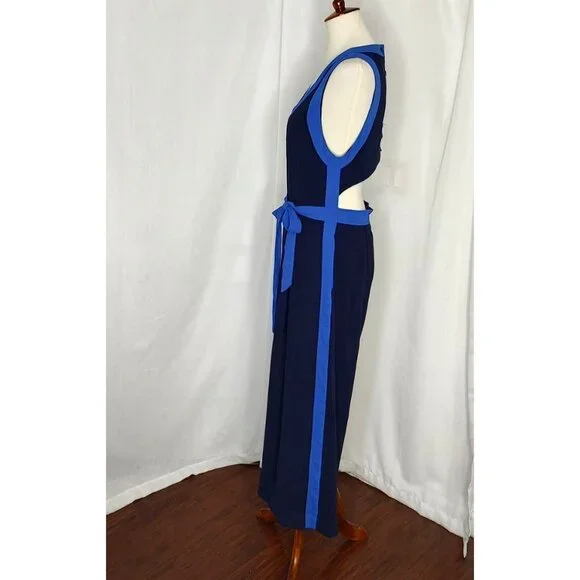 Anthropologie Elevenses Jumpsuit 10 Beca Blue Colorblock Wide Leg Copped Cut Out - Picture 7 of 15